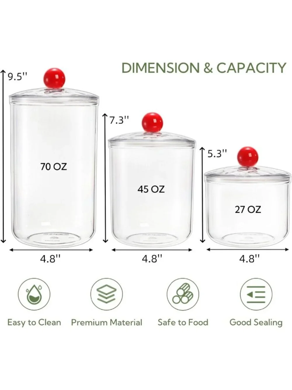 3 Pack Airtight Clear Candy Jars - Wide Mouth Food Storage Containers, 70oz